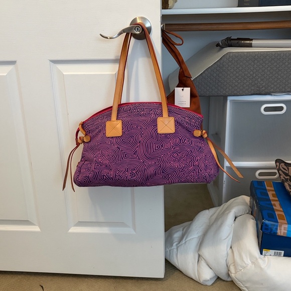 Dooney & Bourke Purple Floral Shoulder Bag with Tan Straps - Picture 1 of 5